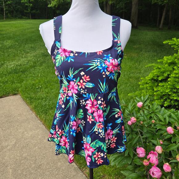 Lands' End Tankini Top Blue Floral Flutter Empire Waist Comfort Strap sz Medium - Picture 1 of 16